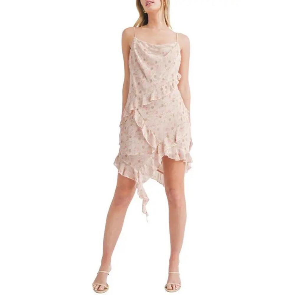 All In Favor Floral Asymmetric Ruffle Mini Dress S Peony Pink Ditsy Cottagecore